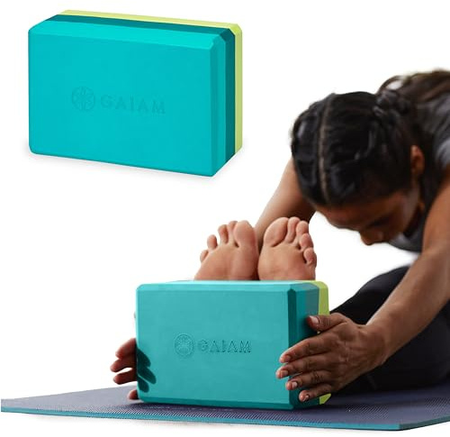 gaiam Bloc de Yoga en Mousse EVA sans Latex Surface Souple antidérapante pour Yoga, Pilates, méditation, Tricolore, Bleu Sarcelle., 1 EA