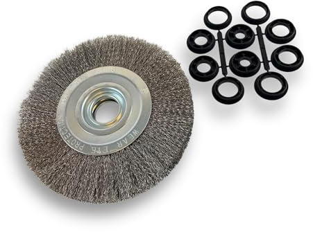 Kibros Brosse circ. touret INOX fil dur Ø 200 mm 2 rangs | Fil dur 0.30 mm ondulé, alésage 32 mm + réducteur bague 25-12 mm, meuleuse affûteuse ponceuse, décapage ébavurage brossage.
