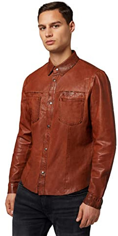 RICANO Reverse Shirt – wendbares Lederhemd Herren (Slim Fit) - echtes Lamm Leder (Cognac Braun, XXL)