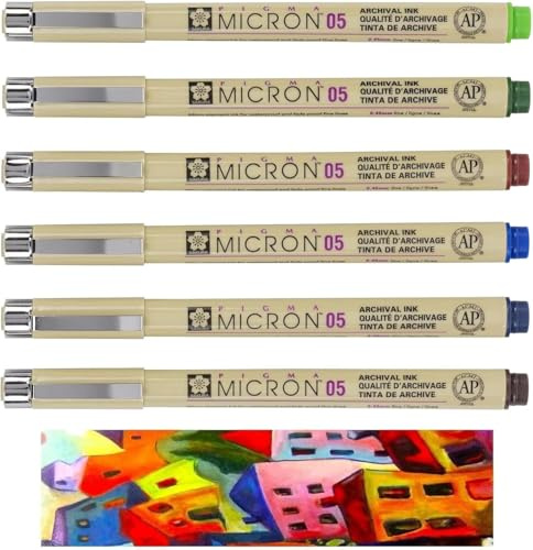 Sakura Fineliner PIGMA Micron 05, Ass't Colors,Set 6 pcs,Fresh Green,Royal Blue, Burgundy, Hunter Green, Blue/Black,Sepia
