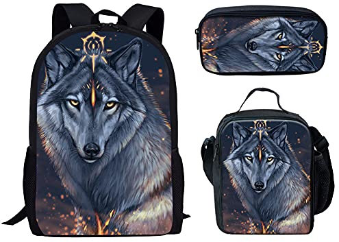Binienty Modische Schultasche 3-in-1 für Kinder, Jungen, Mädchen, Rucksack + Lunch-Tasche + Federmäppchen, Boho Wolf, Einheitsgröße,