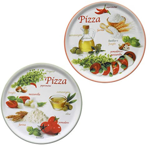 MamboCat Lot de 2 assiettes à pizza Napoli Green & Red I Ø 32 cm – Grand I 2 personnes I Assiette avec 2 motifs différents I Décorée I Pour pizzas ou présentation I Porcelaine