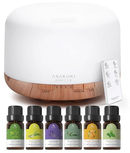 ASAKUKI 500mL Aroma Diffuser für ätherische öle, Enthält 6 ätherische Öle, Luftbefeuchter mit Timer, Automatische Abschaltung bei Wasserlosem Zustand, und 7 Arten LED Lichtfarben