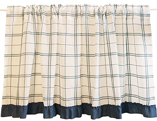 A.Monamour Gardine Scheibengardinen Blickdicht Transparenter Leinen Voile Blau Weiß Kariertes Gingham Kurzvorhang Kurzgardinen Küchengardine Küchenvorhang Küche Vorhang Kurz Stores Bistrogardine