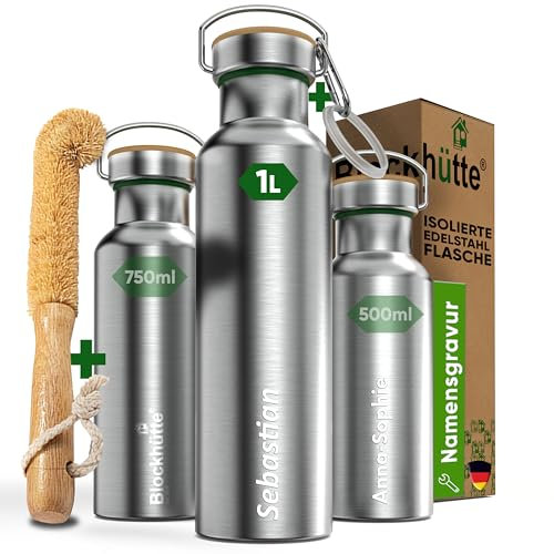 Blockhütte Personalisierte Edelstahl Trinkflasche 1L - Auslaufsichere Wasserflasche für Kinder, Erwachsene, BPA-frei, Kohlensäure geeignet, Thermoflasche Schule, Outdoor, Gravur mit Namen