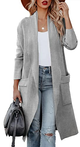 Maavoki Cardigan da Donna, a Maniche Lunghe, Aperto sul Davanti con Tasca, Casual, Lungo, Tinta Unita, Grigio., S
