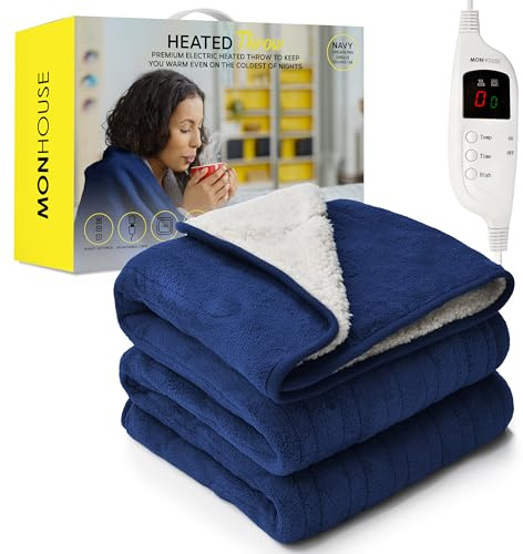 MONHOUSE Copriletto Riscaldato Coperta Elettrica Comandi Digitali Timer Fino A 9 Ore, 9 Impostazioni Di Riscaldamento – Lavabile In Lavatrice - Singola 130X160Cm - Navy Shearling