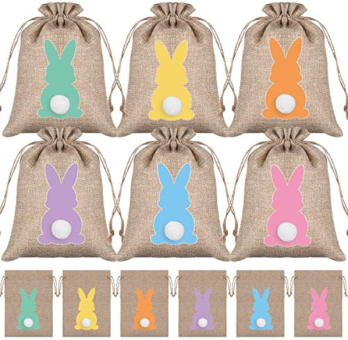 ZHDOKA Set mit 24 Jute-Taschen mit Kordelzug, Kinder-Oster-Tragetaschen, Frühlings-Kaninchen-Süßigkeiten-Beutel zur Aufbewahrung von Eiern, Süßigkeiten und Geschenken, Oster-Partyzubehör