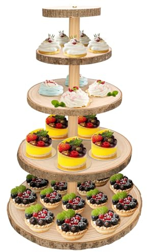 Ayfjovs 5 Tiered Wooden Cupcake Stand, Rustic Wood Cake Stand, Dessert Display Stand, Detachable Large Wood Slices Round Cupcake Tower Holder for Party and Rustic Wedding Decoration