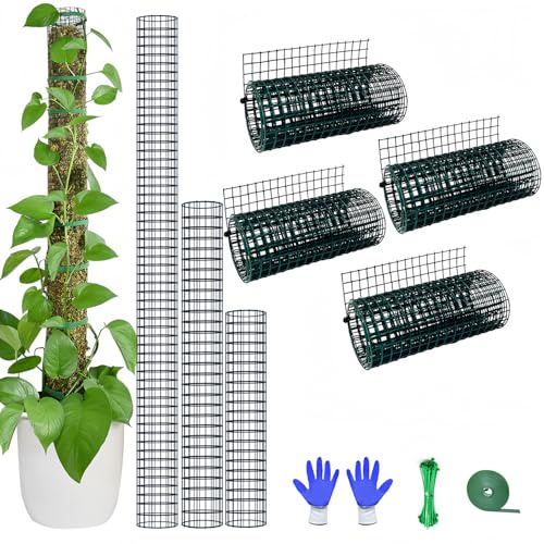Moosstab DIY-Kit, 4 m Metall-Moosstab für Monstera-Pflanzen, 4 Stück 21 cm × 1 m Stahldrahtgeflecht mit Kabelbindern, maximal 7 Stück 58 cm Sphagnum-Moosstäbe (4 m Drahtgeflecht, ohne Zange)