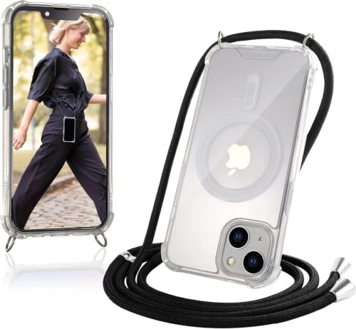 JProtect für iPhone 13 Mini Hülle mit Band und MagSafe – Magnetische Handykette für iPhone 13 Mini Magnet – Durchsichtige Umhängehülle Band Schwarz – Kette Handyhülle für MagSafe Zubehör