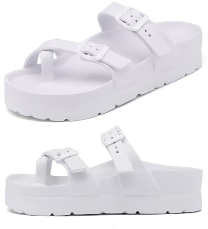 Plattformssandaler för kvinnor, justerbara spännen, platta sandaler, bekväma glidbanor med fotvalvstöd, kvinnor sommar väsentlig strand hem och street casual sandaler, Tåring Flip Flops-vit, 39 EU