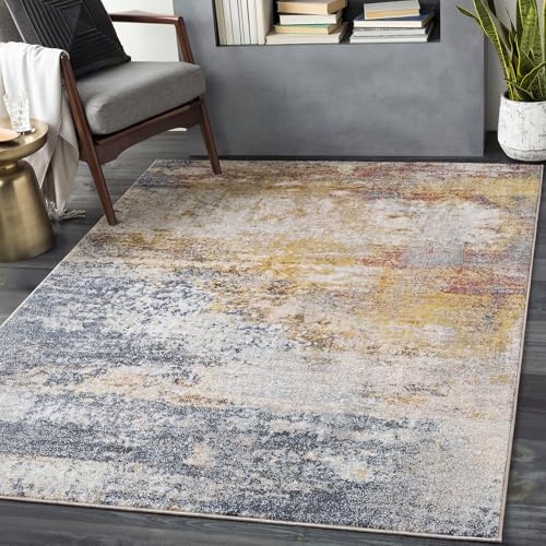 Livabliss Sarasota Abstract Rug - Area Rugs Living Room 120x170 cm, Dining Room, Lounge, Kitchen, Bedroom - Modern Marble Large Rug, Soft Luxurious Easy Care Medium Pile, Blue, Mustard and Rust