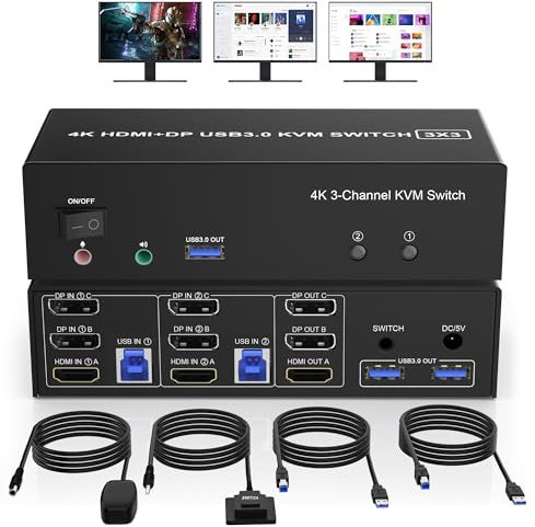 2 Displayport + HDMI KVM Switch 2 PC 3 Monitore 4K@60Hz, Triple Monitore KVM Switches mit 3 USB 3.0 Ports und Audio Mikrofon für 2 Computer teilen sich 3 Monitor, Unterstützt Desktop Controller