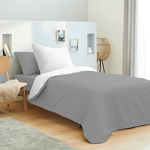 UNIVERSDECOR Set completo di 4 pezzi bicolore copripiumino per letto 90 x 190 cm, 100% cotone, 57 fili/cm² (antracite/bianco, confezione completa 4 pezzi, bicolore per letto 90 x 190 cm)