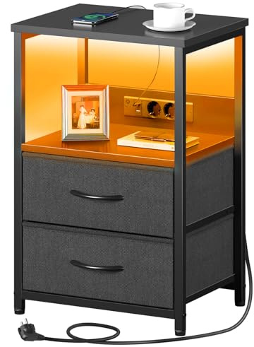 Seventable Table de Chevet avec Prise USB et 2 tiroirs - Table de Nuit connectée avec éclairage LED pour Chambre à Coucher, Salon ou canapé (Noir, Lot de 1)