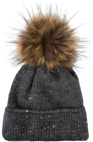 styleBREAKER Damen Strick Bommelmütze Einfarbig mit Pailletten und Fleece Futter, Winter Fellbommel Mütze, Strickmütze 04024210, Farbe:Dunkelgrau