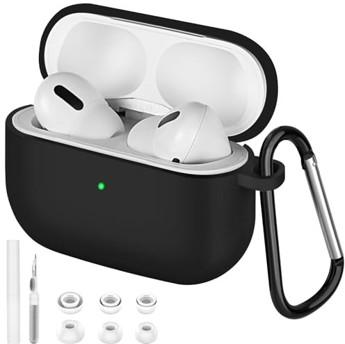 AXFEE Hülle Schutzhülle mit Reinigungsset Kompatibel mit Airpod Pro 2/1 | Produkt Pro 2nd, Silikon Schutzhülle mit Karabiner Kompatibel mit Pro 2nd Ladehülle, Vordere LED Sichtbar(Weiche Silikon)