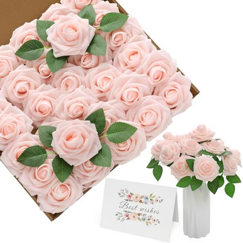 ilauke Artificial Pink Roses, 30Pcs Foam Flowers with Stems and Card, Real Touch for Wedding Bouquets, Party Table Centerpieces, Home Decorations