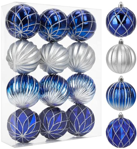 Arborus 12 Stück Christbaumkugeln 8 cm Weihnachtsbaumkugeln Kunststoff Weihnachtsbaumschmuck Set Geriffelt Tannenbaumkugeln Blau Baumkugeln Weihnachten Deko Christmas Deko Christmas Schmuck
