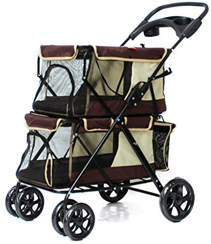 Cochecito doble para mascotas, carrito para perros y gatos, plegable, resistente a desgarros, rueda delantera giratoria de 360 ° con portavasos, cesta de almacenamiento para coche deportivo de anima