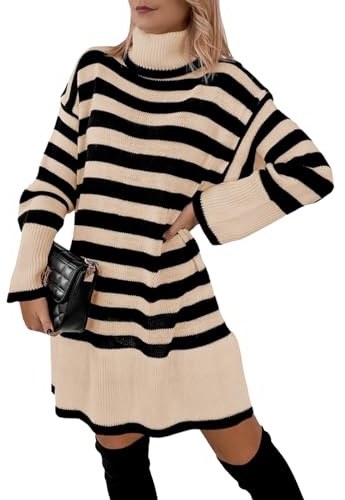 Imily Bela Damen Strickkleid Gestreift Rollkragen Pulloverkleid Langarm Elegant Kleid Winter Knielang Locker(Beige,L)