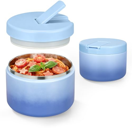 Pawtong 12oz Insulated Vacuum Food Jar with Buckle Lid Wide Mouth Soup Thermo for Hot Food Kids Leakproof Stainless Steel Lunch Container (Gradient Blue, 12OZ)