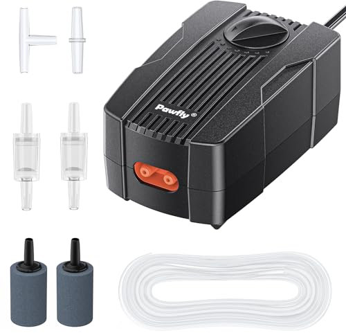 Pawfly Aquarium Luftpumpe 190L/H Fischbecken Sauerstoffpumpe für 40-230 L Fischtanks Eimer Doppelauslass einstellbare leise Belüfterpumpe mit Luftschlauch Luftsteinanschlüsse und Rückschlagventile