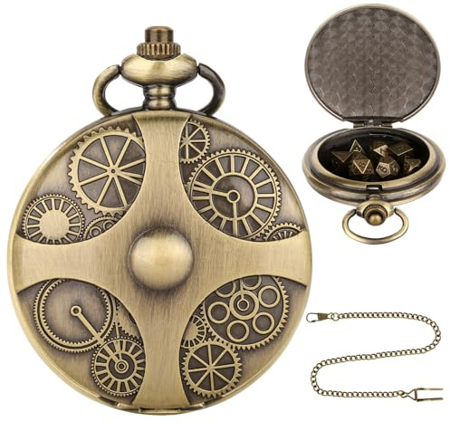 Mini DND 7 Cubes Set de Dés Jdr Métal DND Dice Vert et Patiné Lot de Mini dés Apparence de L'équipement Rétro Coquille Montre Poche Steampunk avec Engrenages (Steampunk)