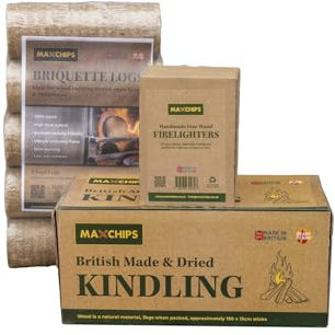 1 Pack of Maxchips Briquette Ultra Dry Heat Logs, 1 Box of Maxchips Kindling and 1 Pack of Maxchips Firelighters. Delivery Included.