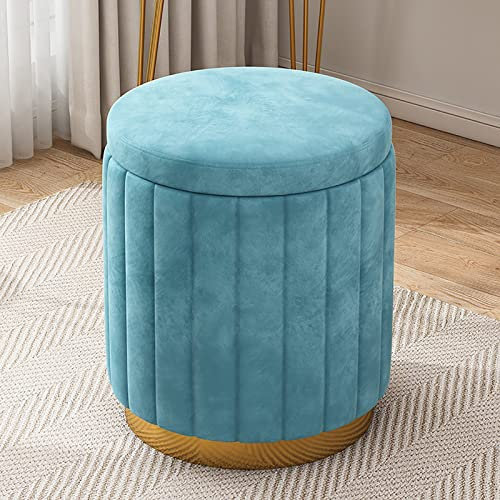 Gepolsterter Samt-Ottomane mit goldfarbenem Sockel, großes Fassungsvermögen, Hocker für Wohnzimmer und Schlafzimmer, weiche Fußstütze, Stuhl, Blau