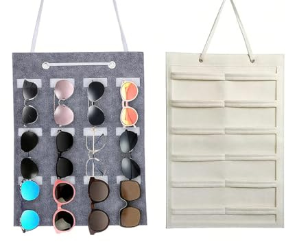 Kellegour 2 pcs Hängend Brillen Aufbewahrung,Sonnenbrillen Aufbewahrung Sonnenbrillenhalter,15 Fächer und 12 Fächer Hängende Sonnenbrille Organizer,Hängende Staubdichter Filz Sonnenbrille(Grau,Weiß)