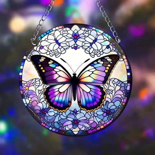 Farbenfroher Sonnenfänger mit Schmetterlings-Motiv, gebeizte Fenster, Blume, gebeizte Acryl-Sonnenfänger, Fensterdekoration, Glasscheibe, Sonnenfänger, Wanddekoration, Geburtstagsgeschenke