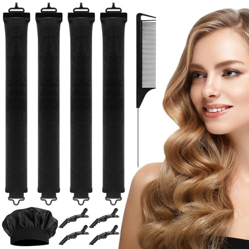 Lockenwickler Ohne Hitze Set 4PCS Haarspangen Schlafmützen Heatless Curls Overnight Hair Curler Heatless Lockenband über Nacht Locken über Nacht Ohne Hitze Blow Out Overnigh für Alle Hair Type Schwarz
