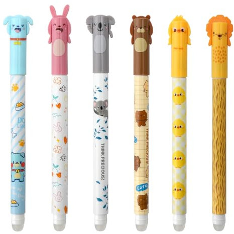 VOSSOT 6Pack Gelstifte Radierbar-Schwarze Tinte, Radierbarer Kugelschreiber, 0,5mm Spitze-Kugel am Ende zum Blatt Cartoon Löschbarer Stift, Tiere Erasable Pen für Kinder Studenten Schul Bürobedarf
