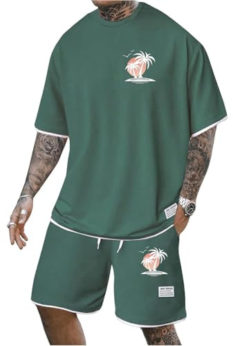 Mfhmom Trainingsanzug Herren Jogginganzug Baggy T-Shirt und Shorts Set 2 Teiliges Sommer Sportanzug Kurzarm Casual Freizeitanzug Tracksuit für Männer Sommeranzug Hawaii Anzug Badeanzug Schlafanzug
