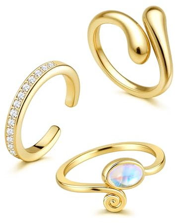 FANCH 3Pcs Anillo del Dedo del Pie Plata para Mujeres con Apertura Ajustable Hipoalergénico Anillo del Dedo del Pie Lágrimas Zircon Piedra Lunar Juego de Joyas de Pies de Playa de Verano Oro