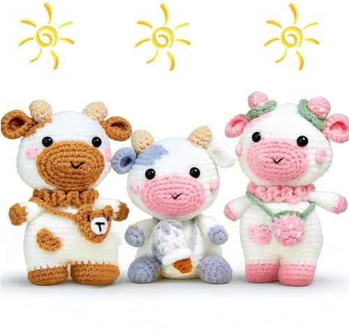 Xanewza Häkelnadel-Set für Anfänger, 3 Pcs Cow Häkelset Tiere für Erwachsene mit Schritt-für-Schritt-Video-Anleitungen, Handwerk DIY Stricken Zubehör, Häkeln Tiere Kits, Englische Anleitung