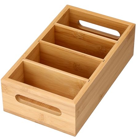 OGANAZI Küche Gewürzbehälter Bambus Gewürz Organizer, 4 Fächern 26x15x7,9cm | Tragbar Aufbewahrungsbox mit Tragegriff für Suppentüten, Saucenbeutel, Backpulver, Teebeutel für Picknick, Camping, Grillen