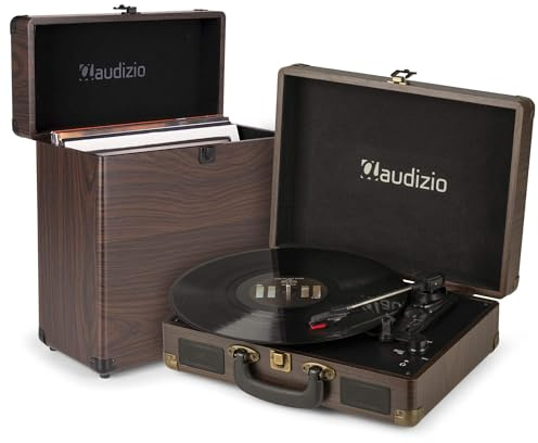 Pack Audizio RP114W Platine Vinyle Rétro Haut-Parleurs Intégrés 3 Vitesses + Audizio RC32 Valise Noyer, Design Assorti, Déco Vintage ou Collection