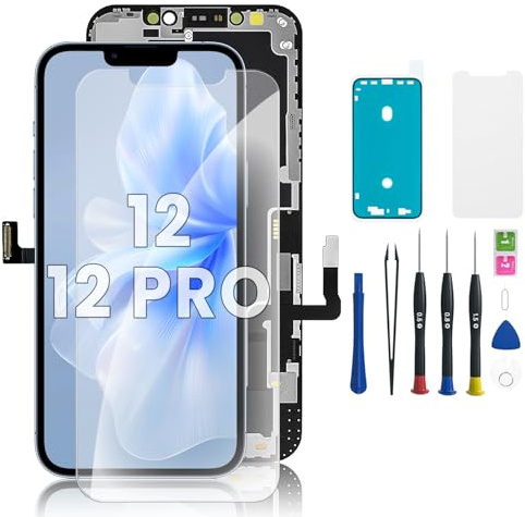 Hoonyer iPhone 12/12 Pro Display Ersatz Set, 3D Touch Bildschirm mit Rahmen & Digitizer, inkl. Reparatur-Werkzeug, wasserdichtem Kleber & gehärtetem Displayschutz – für iPhone 12/12 Pro (6,1 Zoll)