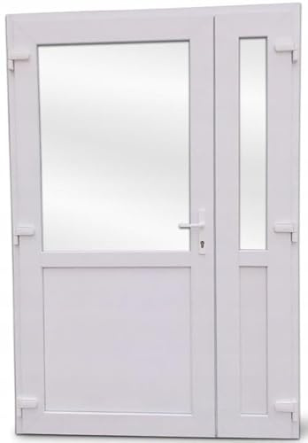Doppelflügeltür 140x210 cm DIN Links | Eingangstür aus Kunststoff mit Isolierverglasung | Außentür für vielseitige Nutzung | Mehrzwecktür mit 4-Punkt-Verriegelung und Griffgarnitur | Weiß