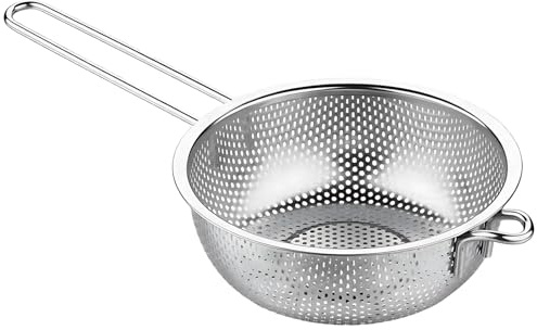 Stainless Steel Colander with Long Handle, 8.9 in Dia Micro-Perforated Strainer, Fine Mesh Sieve for Draining Pasta, Food, Veggies, Anti-Scald, Rustproof, Easy Clean