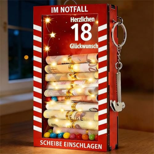 Sunwuun LED Geldgeschenke 18.Geburtstag,18.Geburtstag Junge & Mädchen | Lustige Notfallbox Geschenke mit Hammer und Lichterkette,Personalisierte Geschenke für Geld,Kreative DIY