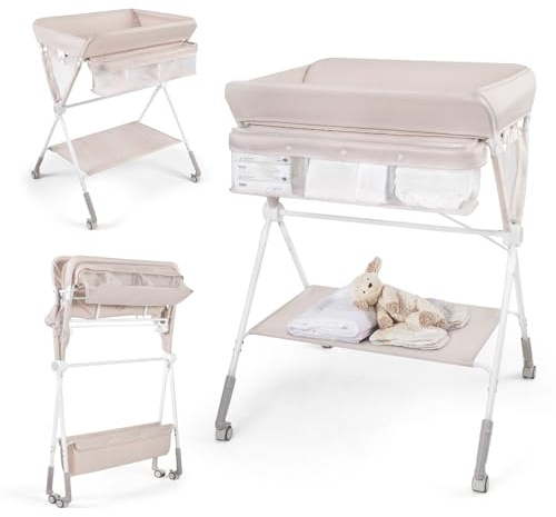 COSTWAY Table à Langer Pliante pour Bébé, Table à Langer Portable Réglable en Hauteur sur 3 Niveaux avec Roulettes Étagère et Panier, Station Organiseur Mobile pour Nouveau-nés (Beige)