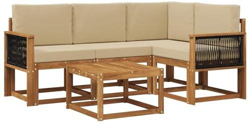 vidaXL Outdoor-Sofagarnitur mit Kissen 5 pcs Natur und Beige Polyester, Gartenmöbel, modernes Loungesofa, Eckset für die Terrasse, Robustes Sitzmöbel für drinnen und draußen