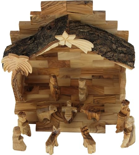 Holy Land Market Olive Wood Nativity Set with Stable - 12 Piece Kids Wooden Nativity Scene (Bark Roof Stable)
