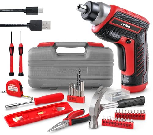 Hi-Spec 35pc Compact Home Tool Kit Set with 3.6V USB Electric Power Cordless Screwdriver. The Starter Basic Tools for Household DIY Repairs in a Small Toolbox