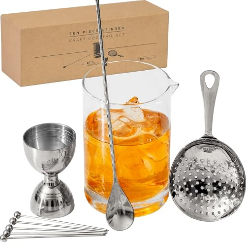 A Bar Above Lot de 10 verres à cocktail sans plomb avec verre à mélanger, cuillère de bar, passoire Julep, doseur cloche et piques, accessoires de bar, idéal pour martini, whisky et negronis