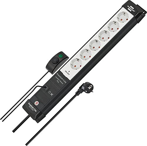 Brennenstuhl Premium-Line Comfort Switch Plus Steckdosenleiste 6-Fach (3m Kabel, zusätzlicher Hand-/Fußschalter, Steckdosenleiste Wandmontage, Made in Germany) schwarz/grau